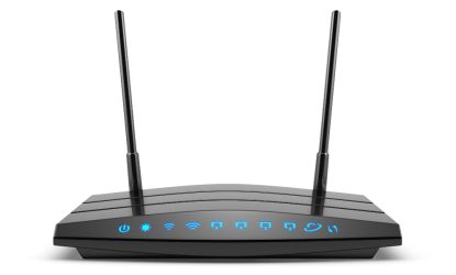 3d modern wireless wi-fi black router with two antennas and blue indicators isolated on white. High speed internet connection, firewall computer network and telecommunication technology concept